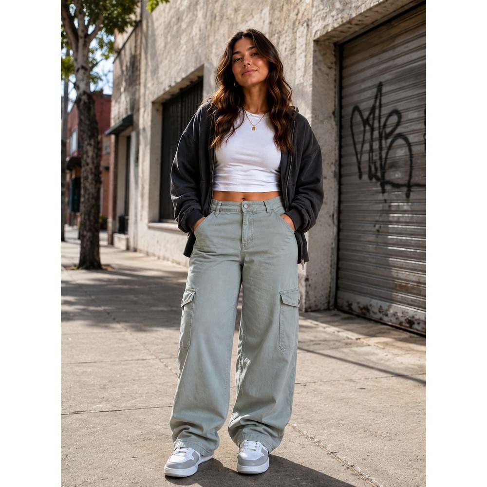 Bagatelle Cargo Pants Women 12 Grayish Green Wide Leg Gorpcore Streetwear Casual